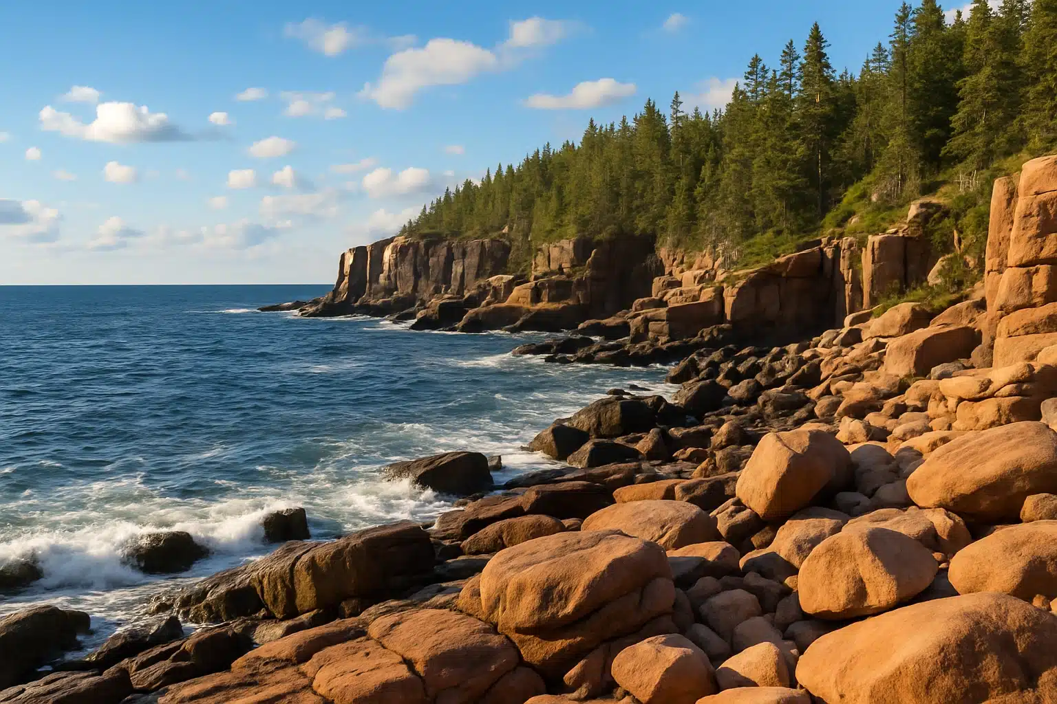 Coastal view of Bass Harbor Head Lighthouse atop rocky cliffs