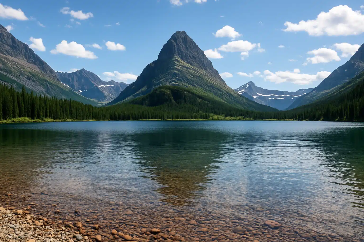 Scenic daytime view of Lake McDonald with mountain backdrop