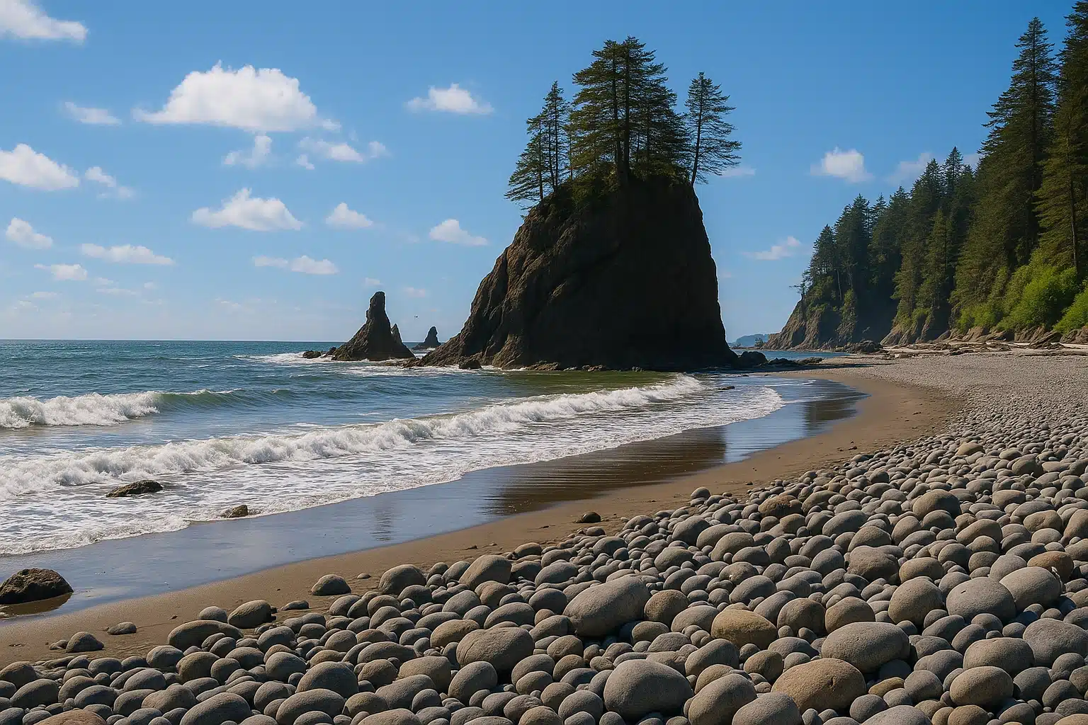 Daytime view of Ruby Beach with sea stacks and driftwood along the shore