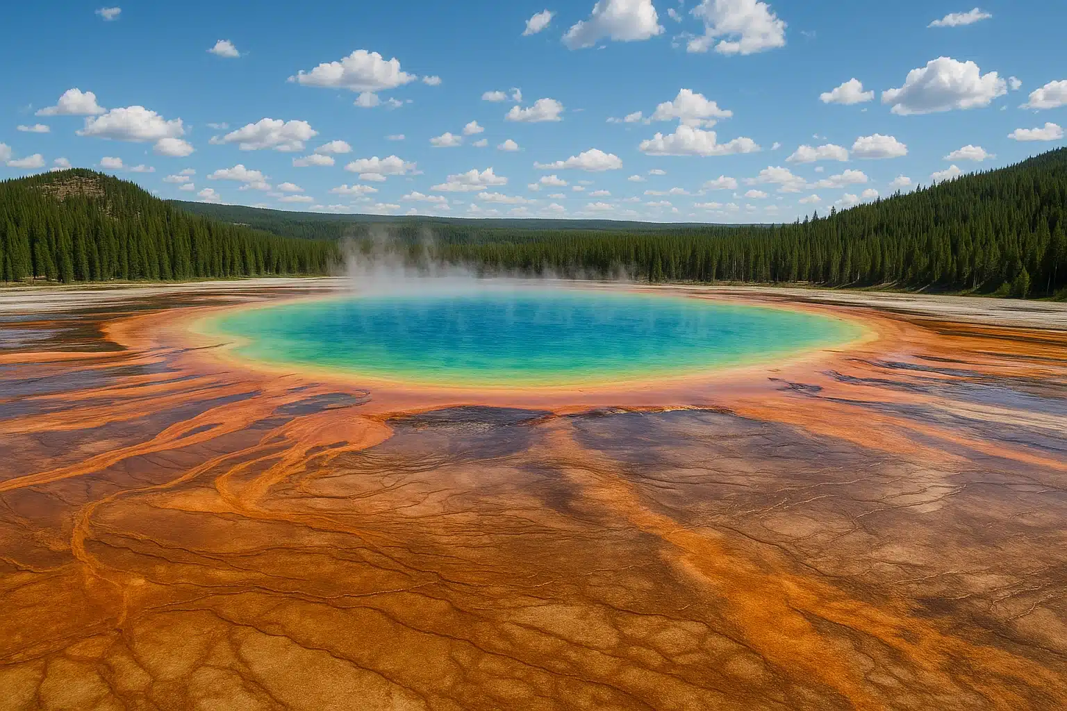 Overhead view of Grand Prismatic Spring with vivid colors in Yellowstone