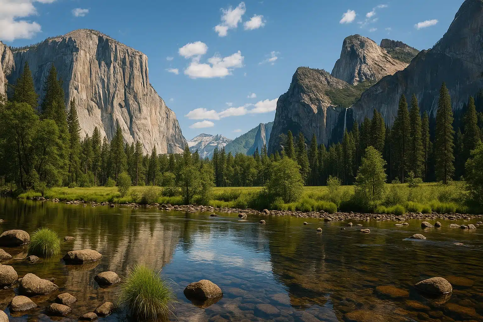 View of El Capitan towering above the Merced River in Yosemite