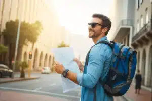 Pros and Cons of Solo vs Group Travel: What’s Right for You? 2 Man navigating a street solo with a map”